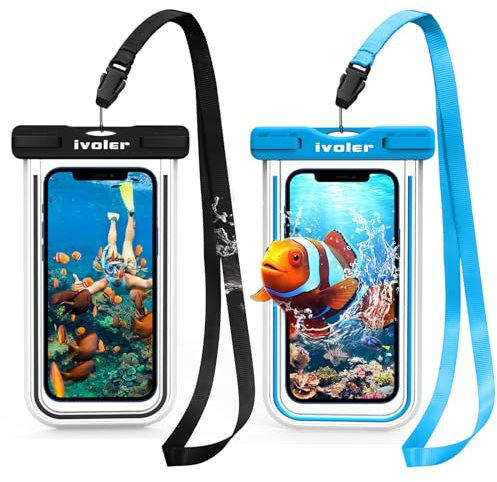 ivoler [IPX8 Certificado [2 Unidades] Funda Bolsa Móvil Impermeable Universal para Xiaomi, iPhone, Samsung Galaxy, Huawei, Smartphones, Monedas, Pasaporte, etc. (Negro+Azul)
