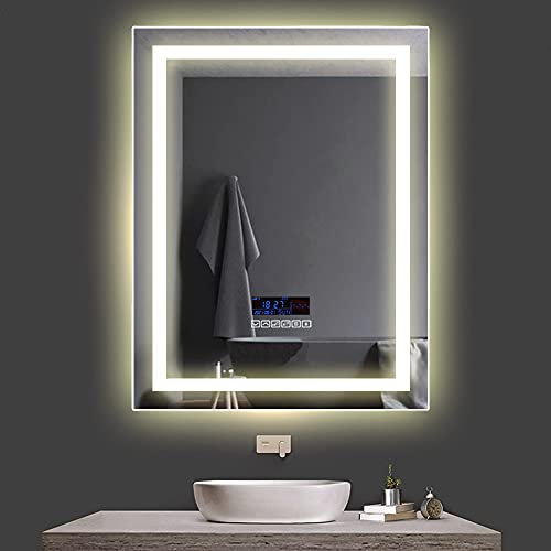Miroir de Salle de Bain, Audio Bluetooth, écran LCD (Date, Heure, température), Anti-buée, Deux Couleurs Lumineuses (Blanc Froid/Blanc Chaud), 60 * 80cm