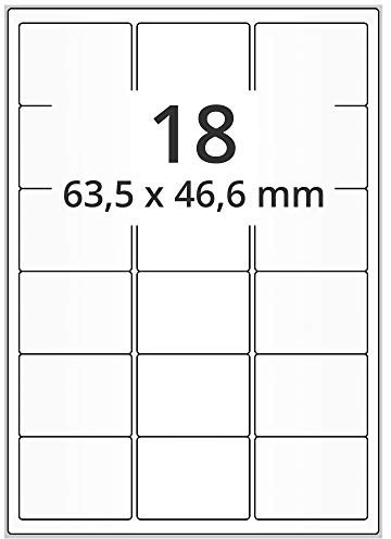 Inkjet Etiketten hochglänzend - 63,5 x 46,6 mm - 1.800 Papier Haftetiketten auf 100 Blatt, DIN A4 Bogen für Laser und Inkjet, glossy, weiß