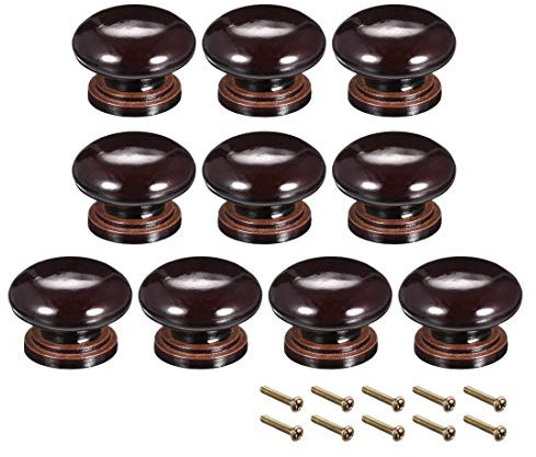 sourcing map Round Wood Knobs,10Pcs 34mm Dia Cabinet Furniture Kitchen Pulls Handles for Drawer Cupboard, Dark Brown