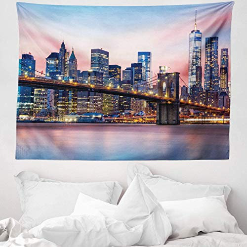 ABAKUHAUS Stadt Wandteppich, Sonnenaufgang in Brooklyn Bridge aus Weiches Mikrofaser Stoff Waschbar ohne Verblassen Digitaldruck, 150 x 110 cm, Rosa Blau