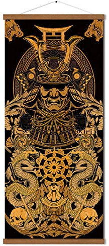 Warrior's Dreams Canvas Wall Art Print Poster Armored Helmet Samurai spirit with Scroll Wood Framed Ready to Hanger Home Karate Hall Sushi Restaurant Decor 40,6 x 88,9 cm