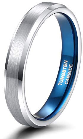 Zakk Ringe Herren Damen Wolfram Gebürstet Silber und Blau Verlobungsringe Eheringe Trauringe Hochzeitsring 4mm 6mm 8mm Größe 47 to 72 (4mm,52 (16.6))