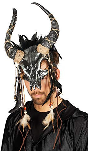 shoperama Kopfschmuck Tierschädel mit Hörnern Federn Perlen Voodoo Priester Krieger Schamane Barbar, Farbe:Silber/Schwarz