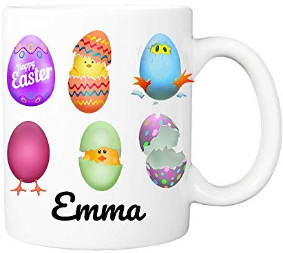 Personalised Easter Mug (11oz) White Mug with Name on Hatching Egg Chick Print Design Novelty Coffee Cup Present