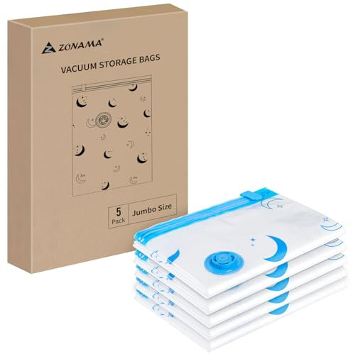 Z ZONAMA Vacuum Storage Bags, 5 Pack Jumbo Size (40x28) Reusable Vacuum Compression Space Saving Bag for Clothes, Mattress, Blankets, Duvets, Pillows, Comforters, Quilts, Dresses