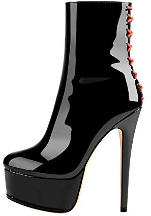Only maker Damen Knöchel Stiefel Stiefeletten Reißverschluss Plateau Stiletto Absatz Ankle Boots Lack Schwarz 46 EU