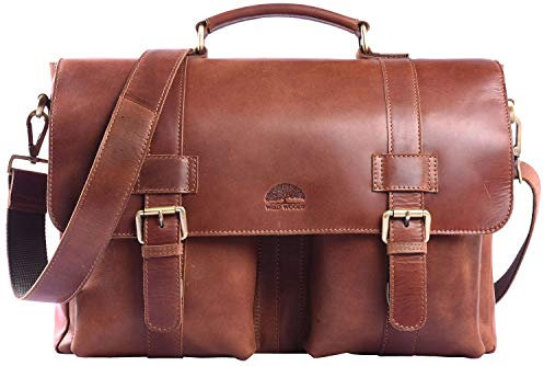 WILD WOODS | Aktentasche Leder XL mit Laptopfach 15,6 Zoll große Ledertasche zum Umhängen aus Rinderleder in Cognac