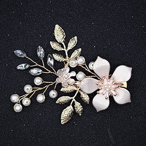 Wedding Hair Clip, Fanvoes Hair Accessories Pieces for Brides Bridal Rose Gold Vintage Headpiece Barrette Decorations Jewelry Handmade Flower Ivory Pearl Rhinestone Crystal for Women Girls Bridesmaid
