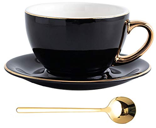 Coffeezone Luxury Gold 10 oz Ceramic Latte Art Cappuccino Barista Cup with Saucer (Cool Black)