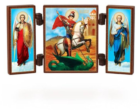 NKlaus - Heiliger Georg Drachentöter - christliche Ikone Triptychon - kleine reise Altar Holz 36154