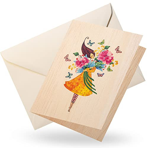 Cozywood Holz Glückwunschkarte Geburtstag, Karte aus Holz mit Umschlag, Muttertagskarte, Karte für Mutter zum Geburtstag, Geburtstagskarte, Blumenstrauß