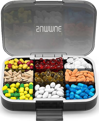 SUMMUE Großer Pillen-Organizer, 9 Fächer, tragbar, Reise-Pillendose, feuchtigkeitsfest, XL-Pillenbehälter, Halter für Vitamine, Lebertran, Nahrungsergänzungen, Medikamente (schwarz)