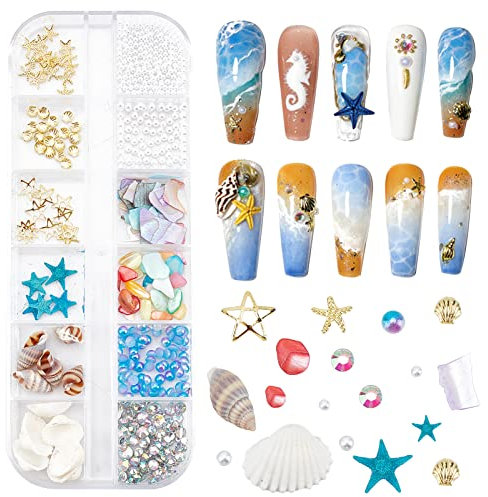 NICENEEDED Ocean Themed Nail Decorations Kit, Irregular Abalone Shell Slices Conch Starfish Nail Art Charms, Colorful Seashell Fragments Caviar Beads Nail Studs Supplies for Nail Design(Style 6)