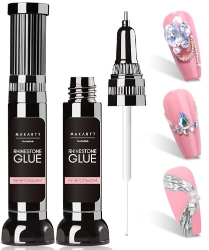 Makartt Mise à jour 2pcs gel de colle strass ongle strass ongle nail art, stylo de précision de colle à ongles transparent super fort adhésif gel de colle 3D breloques fleurs (8ml)