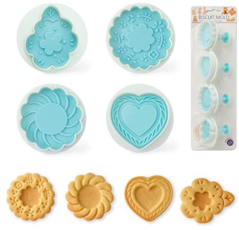PTSGCAI Cookie Stamps for Baking, 4-Pcs Set with Wooden Handle, 3D Cookie Press Molds for Christmas, Holiday & Party, Perfect for Shortbread, Fondant & Cake Decoration - Flower & Leaf Patterns
