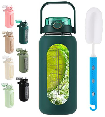 SIEROZUR Botella de agua de vidrio de 64 onzas con popote y tapa de asa, botella de vidrio motivacional de medio galón con funda de silicona y marcador de tiempo, jarra de agua deportiva grande