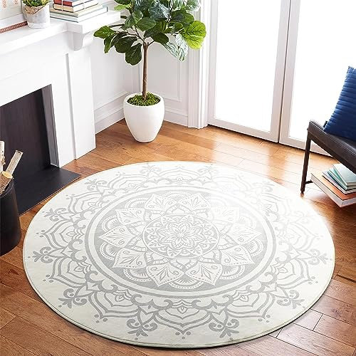 Carvapet Tappeto Rotondo 90cm Morbida Microfibra Tappeto a Cerchio Salotto Cameretta Soggiorno Antiscivolo Lavabile Mandala Boho Tappeti di Zona(Grigio Mandala)