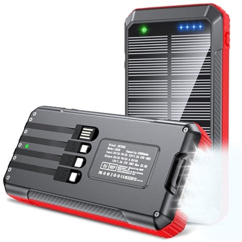 Solar Power Bank 33800mAh Built in 4 Cables, 22.5W USB C Fast Charging Portable Phone Charger, 6 Outputs & 4 Inputs with LED Camping Lights Battery Pack for Outdoor iPhone Samsung Tablet (Red)