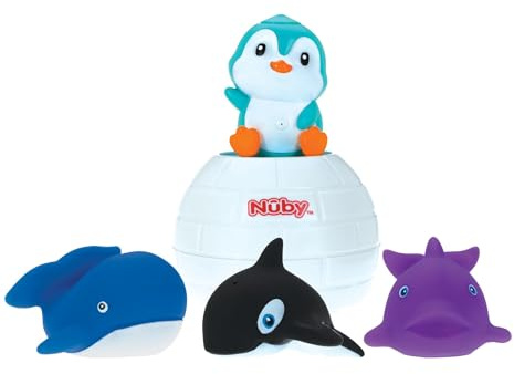 Nuby Pop-Up Pinguin Badespielzeug mit 3 Wasserspritzern, ab 6 Monaten | Interaktives Sensorik-Badespielzeug für Babys mit mehreren Figuren, fördert Hand-Augen-Koordination & Feinmotorik beim Baden
