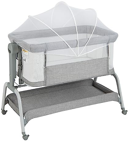 Maxmass 4-in-1 Baby Crib, Height Adjustable Infant Travel Cot with Detachable Net, Lockable Wheels, Storage Basket and Carrying Bag, Newborn Cradle Bed for 0-6 Months Old (Grey)