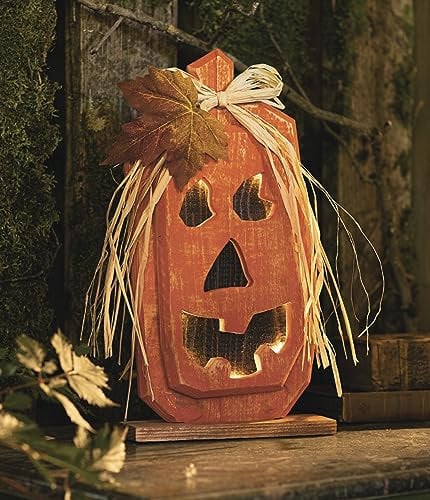 Dekoleidenschaft LED Kürbis Jack aus Holz, orange, 33 cm hoch, Halloweendeko, Dekofigur, Leuchtkürbis, Leuchtdeko, Herbst-Dekoration