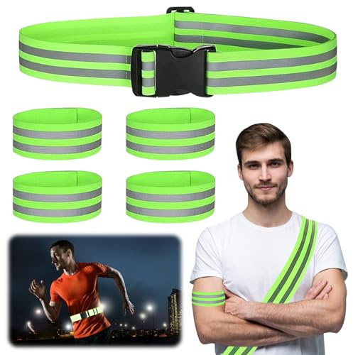 SPERMUOY Reflektorband Set,5 Stücke Reflektor Gürtel Hohe Sichtbarkeit Reflektoren, Einstellbar Reflektorbänder für Laufen Walking Wandern Fahrrad Reflektierender Gürtel Herren/Damen