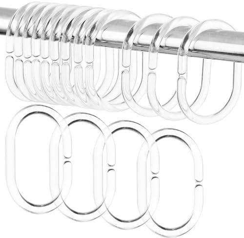 COMNICO 24 Stück Duschvorhang-Ringe, Haken aus Kunststoff C-förmige Duschvorhang-Haken Ringe Weiß Transparent Stark Stabil Hakenaufhänger für Zuhause Hotel, Badezimmer, Dusche