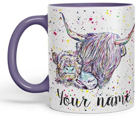 Vixar Personalised with Your Text Highland Cow Scottish with Calf Baby Farm Animals Watercolour Art Coloured Ceramic Mug Cup Gift 330ml 11oz Custom Work Office Tea Coffee (Purple)