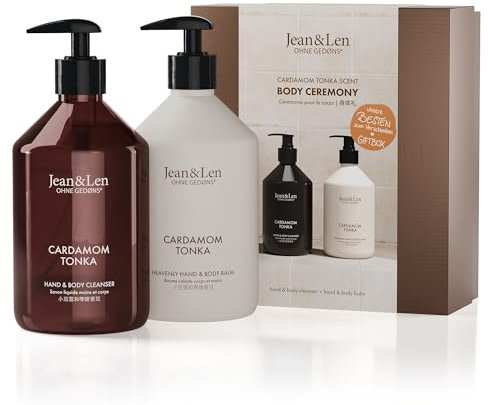 Jean & Len Body Ceremony Cardamom & Tonka, mit Hand & Body Cleanser und Hand & Body Balm, hochwertige Geschenkbox, sanft-würziger Duft, Verpackung ist FSC zertifiziert, veganes Geschenkset, 2 x 500 ml