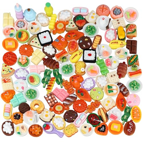 100 Piezas Juguetes de Comida en Miniatura, Pizza Pastel Pan Mini Comida Miniatura para Niños Adultos Fiesta de Juegos Juegos de Imaginación Mixto Resina Accesorios para Casa de Muñecas
