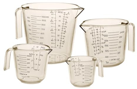 Gucass Juego de 4 vasos medidores de plástico con mango y escala, tazas de medición de plástico 150/300/600/1000 ml, resistentes al calor, vasos medidores de precisión para cocina, laboratorio, sin