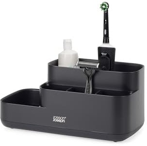 Joseph Joseph EasyStore Organizador Accesorios de Baño y Soporte para Cepillo de Dientes, Fácil Almacenamiento, Desmotanble, Negro Mate