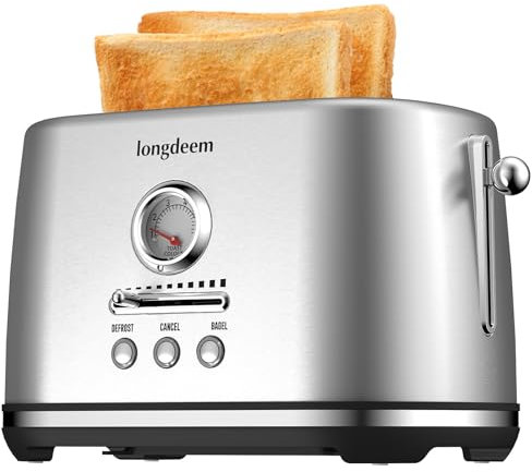 LONGDEEM Retro 2-Slice Toaster with Extra Wide and Deep Slots, 6 Golden Steps and 3 Functions: Reheat, Defrost and Break Down, Stainless Steel, Removable Crumb Tray
