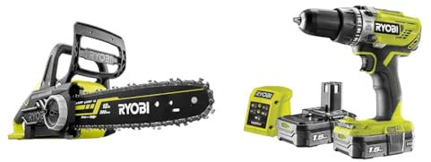 Ryobi OCS1830 18 V 30 cm Bar ONE+ Cordless Brushless Chain Saw & R18PD3-215GZ 18 V ONE+ Cordless Combi Drill Starter Kit (2 x 1.5 Ah), Hyper Green
