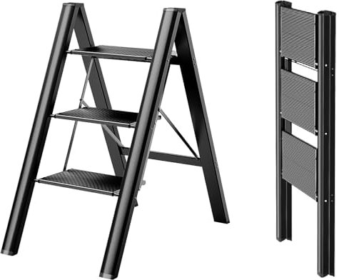 Trittleiter Klappbar 3 Stufen, Aluminium Leichte Klappleiter mit Breitem Anti-Rutsch Stufen, Tragbare Stehleiter Für Haushalt Klapptritt bis 125kg, Mehrzweckleiter, Stehleiter, Tritthocker