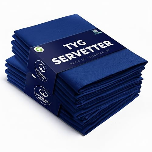 LivinEase Baumwollservietten, Set mit 12 Stück, 46 x 46 cm, wiederverwendbar, übergroße Dinner-Servietten, schwere Hotelqualität, GOTS-zertifizierter Bio-Baumwollstoff, ideal für Zuhause und