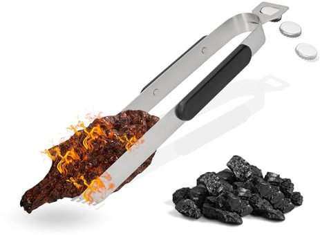 Grillzange lang 35 cm aus Edelstahl - Geschenk Weihnachten für Papa, Freund & Partner - BBQ Zange mit Flaschenöffner und ergonomischen Griff - 2in1 Grillzubehör, Farbe:grau