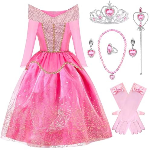Filles Aurore Robe de Princesse Deguisement Aurore Déguisement de La Belle au Bois Dormant avec Couronne Anniversaire Fête Halloween Noël Partie Carnaval Cosplay Robe de Soirée,130cm