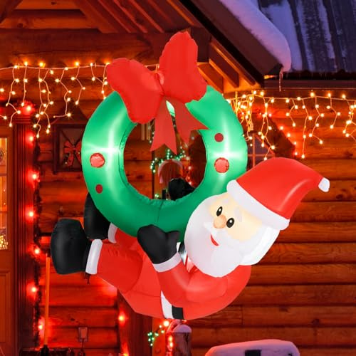 GOPLUS Papá Noel Inflable de 120 CM, Corona de Navidad Hinchable con Luces LED, Guirnalda Adorno Colgante para Ventana y Porche, Decoración Navidad Exterior para Patio