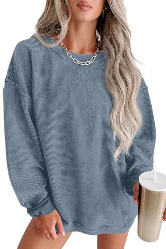 QIXING Damen Sweatshirt Oversize Pullover Rundhals Baumwollpullover Langarm Cordpullover Tops Herbst Mode Outfits 2025(Haze Blau, M)