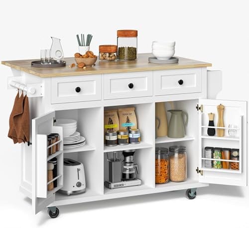 Rovibek Isla de Cocina rodante con cajones, Carrito de Isla de Cocina Blanco con Almacenamiento, Isla portátil de 53 Pulgadas para Cocina con Armario de Almacenamiento Grande, Estante y cajón