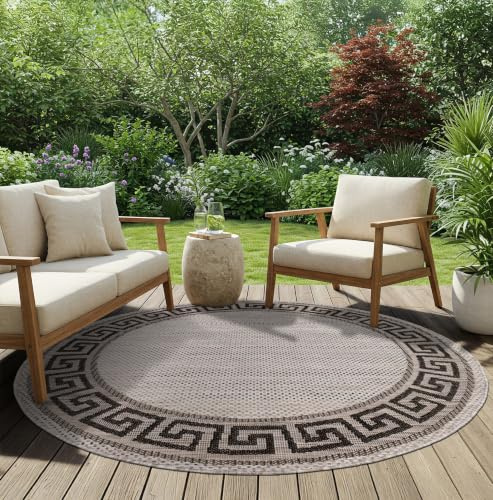 TAPISO Melissa Rund Teppich Outdoor Grau Schwarz Griechisch 100 x 100 cm | UV-Resistent strapazierfähiger Teppich mit Sisaloptik für Küche Flur Wohnzimmer Balkon Terrasse Modern OEKO-TEX