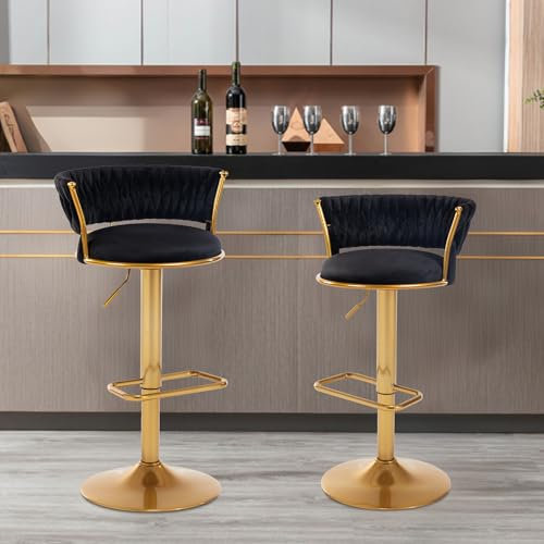 WOLMICS Barhocker 2er Set, Samtbezug, Höhenverstellbar 20 cm, 360° Drehbar, Küchenstühle mit Rückenlehne und Fußstütze, Metall, 2 x Hocker, Schwarz