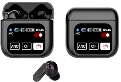 Auriculares Inalámbricos Bluetooth, Cancelación de ruido ANC + ENC, Pantalla Tactil Integrada en Estuche de Carga, Control de Cambio de Cancion, Llamadas, Ecualizador en pantalla, IP7 Impermeable.
