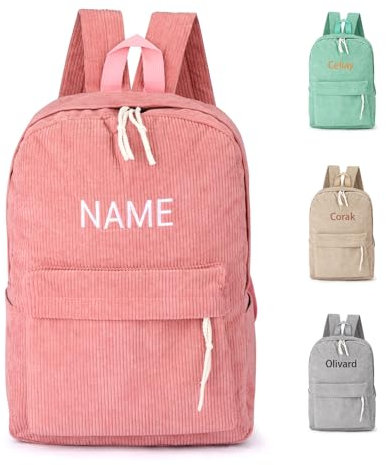 NGTSFLY Personalisierter Kinderrucksack mit Namen,Kordsamt Bestickter Kindergartenrucksack,Schulranzen Mädchen Jungen 1-5.Klasse,Personalisiert Geschenk (Rosa)