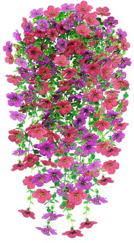 Epaing 2 PCS Artificial Hanging Flowers, UV-Resistant Fake Hanging Trailing Wall Flower Baskets Artificial Plants for Home Garden Yard Patio Wedding Outdoor Indoor Decor(Rose Purple)