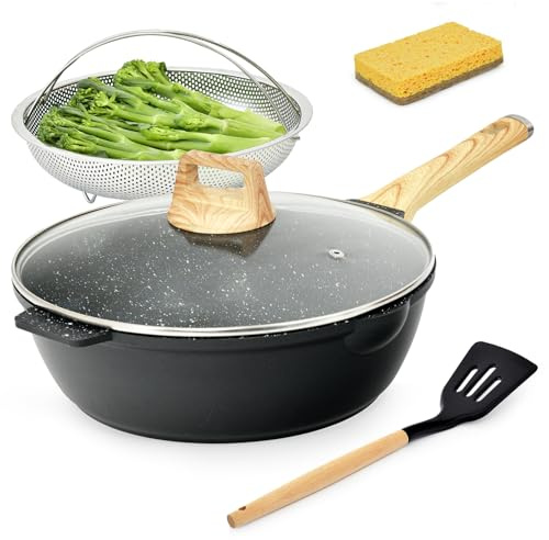 MOJIRE 12 In Deep Frying Pan Nonstick with Lid and Strainer, 5.5 Quart Saute Pan, Granite Chef Skillet No stick for Cooking, 100% PFOA Free Non Toxic Fry Pan for All Stove top Gas Induction