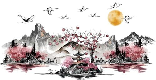 Lpitoy Style Chinois Encre Paysage Peinture Autocollant Mural Stickers Muraux Amovible Peler Coller Montagne Rivière Murale pour Chambre Salon Décor À Maison