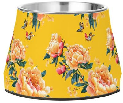 Beauty Peonies Yellow Dogs Feeding Bowls with Stand Stainless Steel Cats Food Bowls for Loving Pet Whisker Fatigue